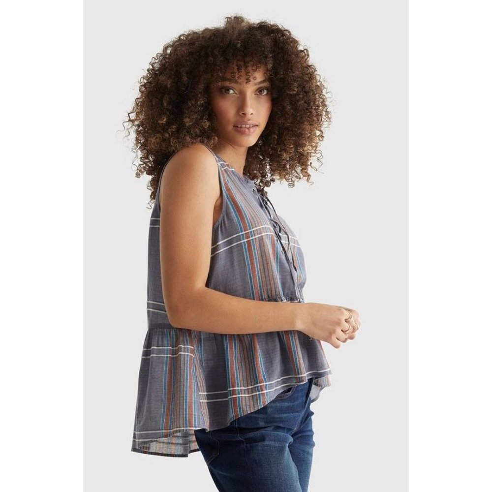 Lucky Brand Boho Relaxed Lace Front Woven Gray Plaid Sleeveless Hi-Low Top XS - Picture 2 of 5